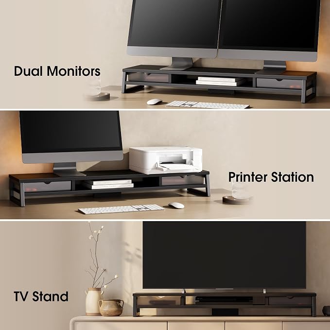 Fenge Dual Monitor Stand Riser, 42.5in Desk Shelf with 2 Drawers, Black | 2-Tier Monitor Shelf for Desk, Storage Drawer with Stopper, Frosted, fit Home Office, Ultrawide Screen, PC, Laptop, TV