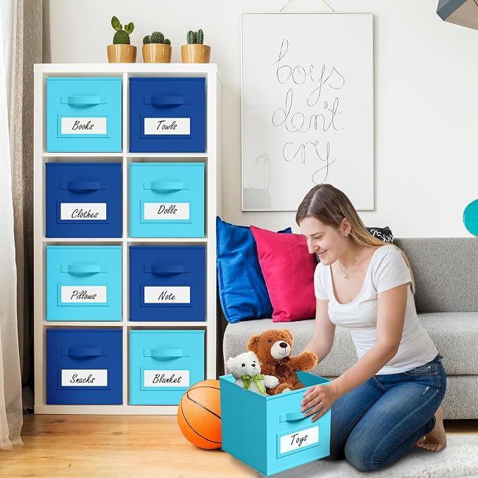 Teenyyou 10 Pack Fabric Storage Cubes 11 Inch Collapsible Cube Bins with Label Window & Handle Foldable Organizers Baskets for Shelf Closet Nursery Kids Room Clothes Book Toy(Lake Blue, Navy Blue)