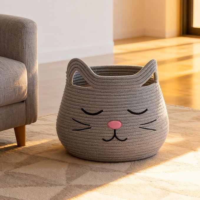VK VK·LIVING Animal Baskets Large Woven Cotton Rope Storage with Cute Cat Design and Handles, Cat Toy Box Laundry Organizer for Towels, Blanket, Toys, Clothes, Gift for Pet or Baby Baskets 15"D x 14"H