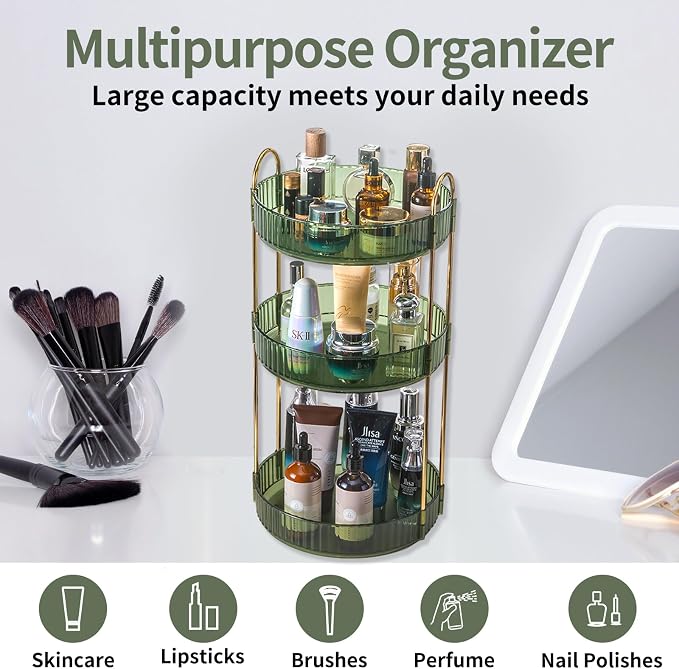 Asayuee 360 Rotating Perfume Organizer,3 Tier Large Capacity Make Up Organizers and Storage,Makeup Organizer for Bathroom,Cosmetic Perfume Stand Holder (Green-3 Tier)