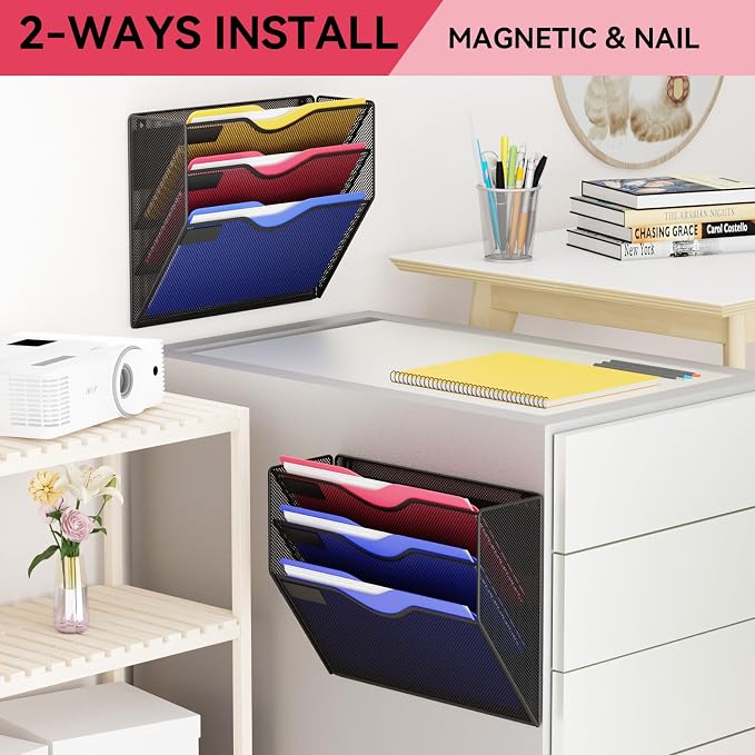 3-Tier Magnetic File Holder, No Drilling Wall File Organizer, File Folder Bins, Mail & Magazine Rack, Magnetic Paper Document Holder for Refrigerator File Cabinets Whiteboard, Black
