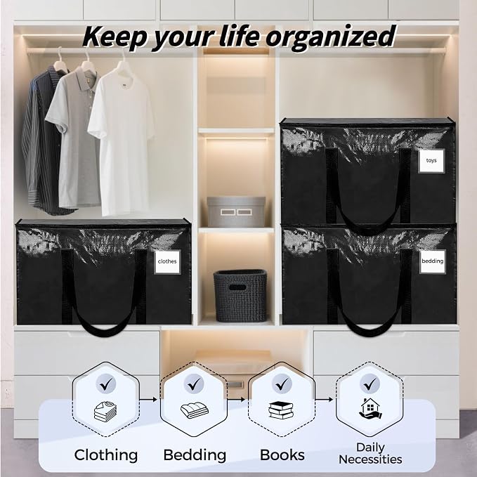 8 Pack Extra Large Clothes Storage Bins with Lids, Storage Bags with Reinforced Handles & Heavy-Duty Zippers, Moving Bags, Moving Boxes Totes for Clothes Packing, Dorms, College Supplies, Black