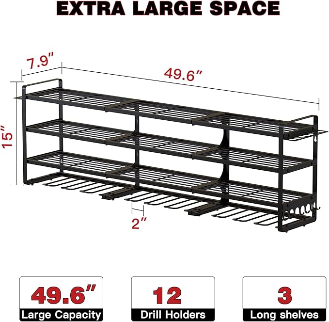 NattyDot Power Tool Organizer Wall Mount, 48-Inch 12 Drill Holders, Black | Extra-wide 48-inch Heavy-duty Wall Rack Stores 12 Cordless Drills and Assorted Tools, Maximizing Garage and Workshop Storage