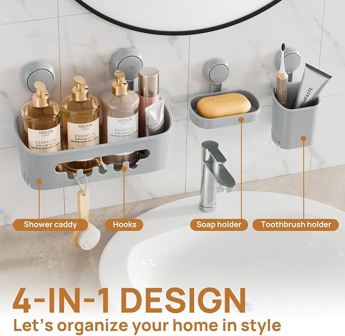 LEVERLOC Shower Caddy Suction Cup Set Shower Organizer & Soap Holder, Grey | Toothbrush Holder, Bathroom Shelf Basket NO-Drilling, Removable Suction Storage, Waterproof Bathroom Caddy