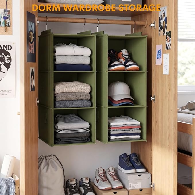 Extra Deep Hanging Closet Organizers and Storage, 2 Pack 3-Shelf | Separable Hanging Shelves with Linen Texture, Foldable & Space-Saving, For Clothes, Handbags, Hats, Closet, Dorm, RV, Green
