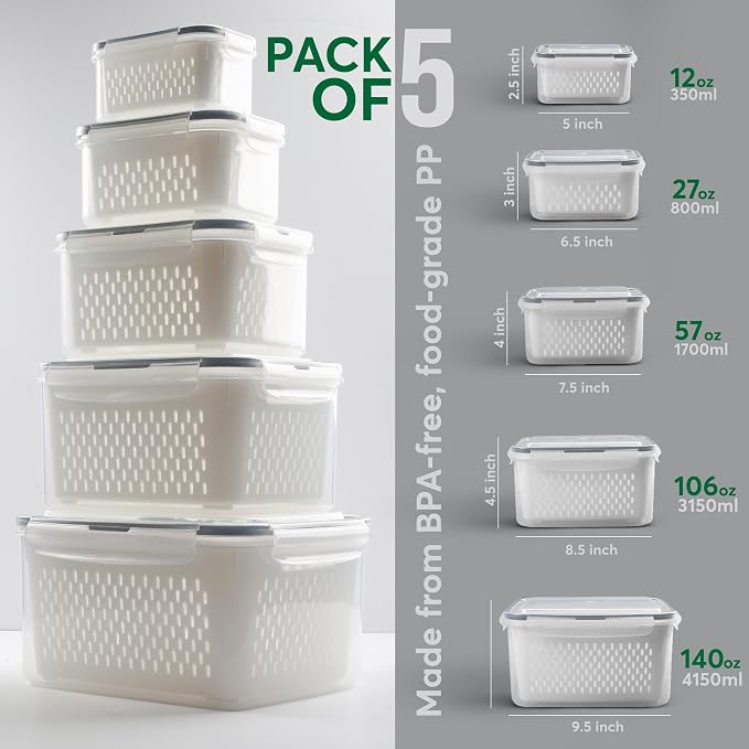 5 Set Fruit Storage Containers for Fridge with Colander, Produce & Veggie | Dishwasher safe, leakproof BPA-free plastic, stackable vegetable& fruit saver for refrigerator, keep berry salad meat fresh