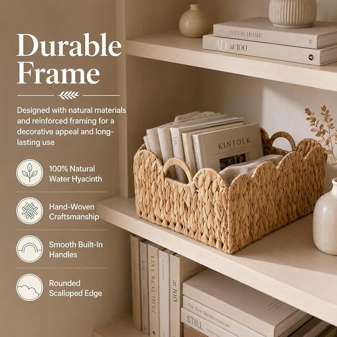 Scalloped Edge Wicker Basket, Hand-woven Rattan Storage Baskets with Built-in Handles, Water Hyacinth Basket for Organizing and Decor, 2 Pack (15" L x 11" W x 7" H)