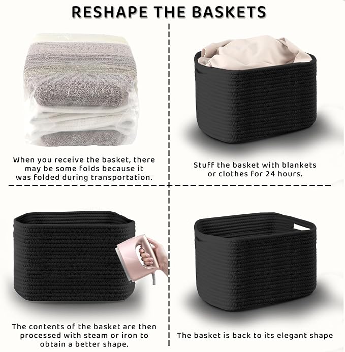 4 Pack Storage Baskets for Organizing, 11''Lx9''Wx8''H Woven Baskets for Storage Toys, Towels, Books, and Clothes, Cotton Rope Basket for Shelves with Handle