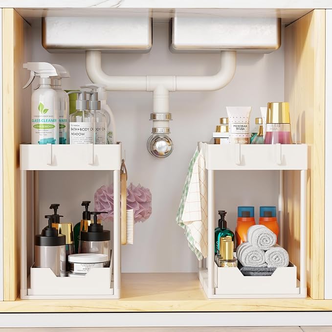 Simple Trending Under Sink Organizer 2 Pack, Sink Pull-Out Sliding Storage Cabinet, 2-Tier Under Shelf Organizer for Kitchen Bathroom, White
