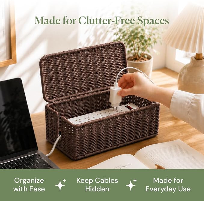 Cable Management Box, Handmade Rattan Cable Organizer with 2 Open Slots, Cord Hider for Power Strip, Router & USB Hub, Registered U.S. Design Patent (D1,112,102), 13" x 5.1" x 5.1", Brown