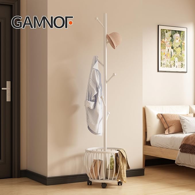Coat Rack Freestanding Coat Stand with Basket 6 Hooks Wheels,White | Metal Coat Rack Stand Coat Tree for Home Entryway Bedroom Living Room Office Corner Modern Organizer for Scarf Jacket Hat Bag