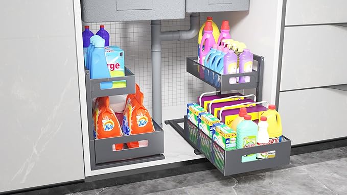 Petiza Under Sink Organizer Pull Out Cabinet Organizer Adjustable Height 2 Tier with Sliding Drawers Kitchen Bathroom Organizer and Storage(Gray-1pc)
