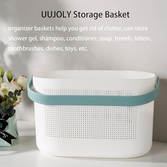 Plastic Portable Shower Caddy Basket, Storage Organizer, Green, 2 Pack | Bottom Drain Holes, Keep Dry, Sturdy and Durable, Easy to Carry for Bathroom, Kitchen, Dorm Room, RV, College