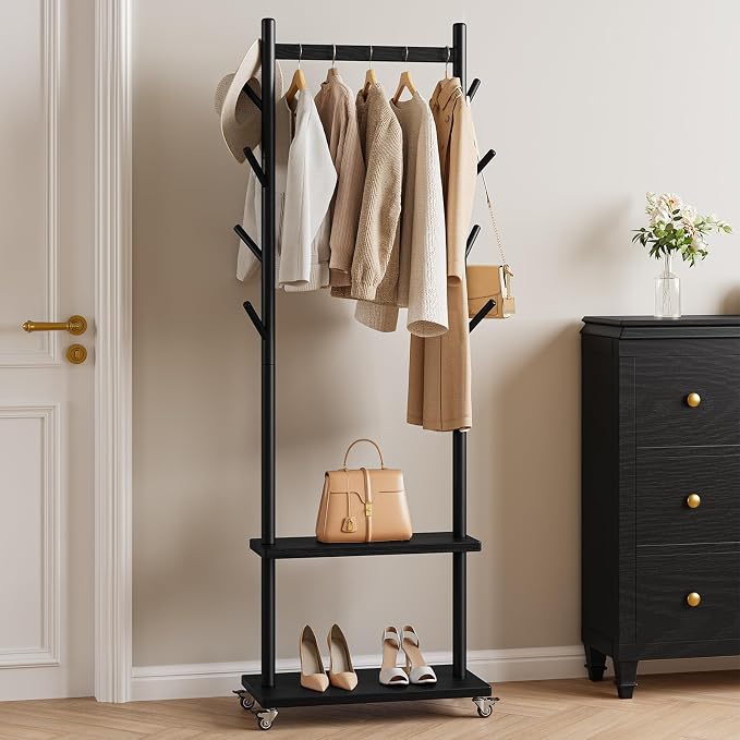 Yoobure Solid Wood Coat Rack Freestanding - Rolling Clothes Rack with 8 Hooks & Shelves, Small Clothing Rack with Wheels, Heavy Duty Clothing Racks for Hanging Clothes, Portable Hall Tree for Entryway
