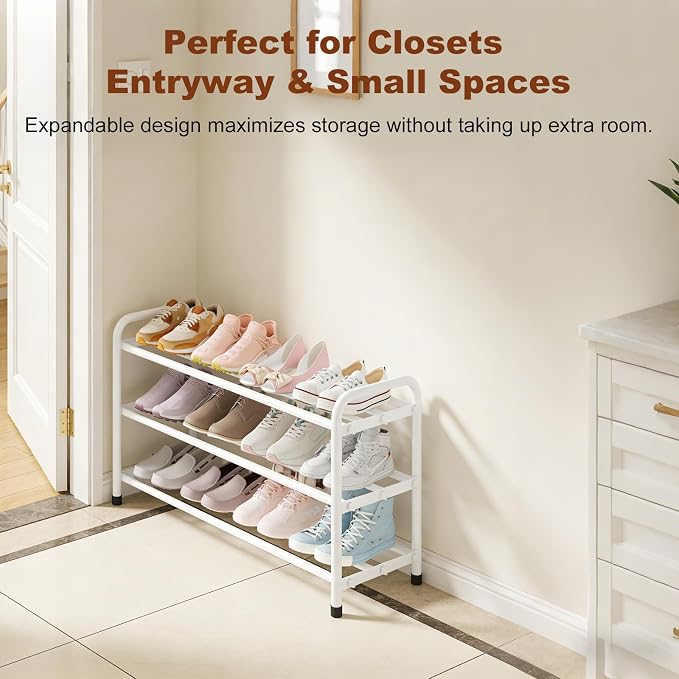 KANAV 3-Tier Expandable Shoe Rack, Heavy Duty Adjustable Metal Shoe Organizer for Closet & Entryway, Freestanding, Tool-Free Assembly, White