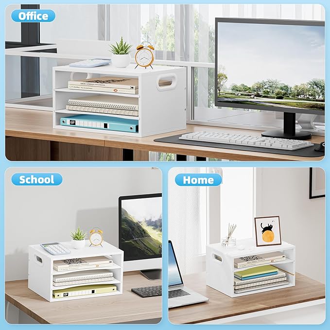 Marbrasse 3 Tier Wood Desk Organizer,Desk Paper Letter Tray Organizer,White | Wooden Desktop File Organizer with Handle and Paper Sorter Mail Holder for Office School & Home Supplies Organization