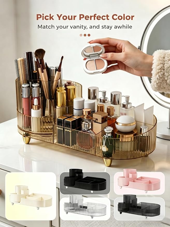 Booklov Rotating Makeup Organizer for Vanity Countertop, Amber | Clear Acrylic Cosmetic Display Case, Large Beauty Brush Holder for Bathroom Counter, Skincare Lipsticks Storage