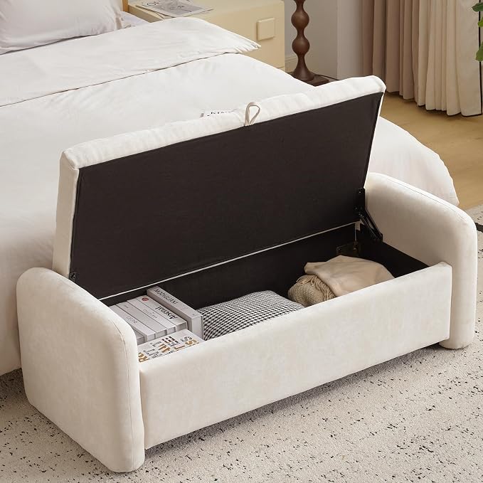 Oversized Ottoman Bench with Storage, Chenille Beige | Oversized Storage Bench,Ottoman Foot Rest