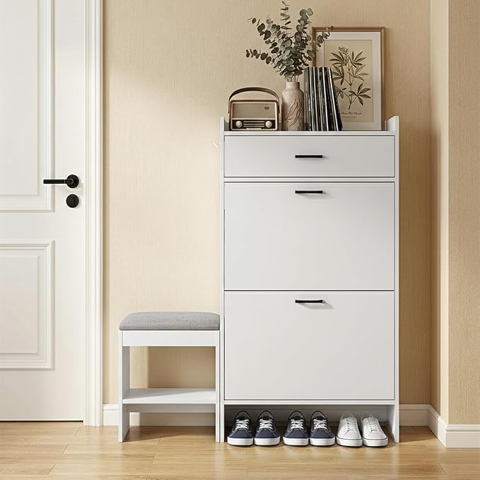 Karl home White Farmhouse Shoe Cabinet, Cushioned Entryway Bench Organizer | Narrow Slim Freestanding Shoe Rack Featuring 2 Flip Drawers and Top Flip Drawer, Ideal for Entryway, Living Room
