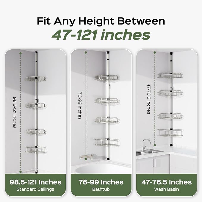 HAMITOR Shower Caddy Tension Pole: 4-Tier Rustproof Bathroom Corner Shelf Organizer for Renter - No Drill Large Shampoo Storage Rack - Adjustable 47-121" - Space Saving Bathtub Accessory - Silver Gray