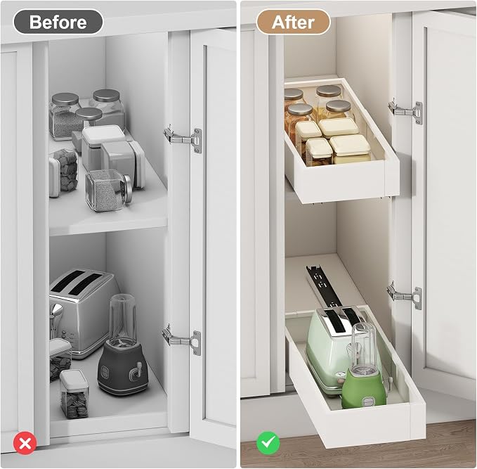 Pull out Cabinet Organizer,Width (7"-11") and Depth (17"-24") Expandable,No Drill Adjustable Slide out Drawers for Kitchen,Pantry,Adhesive Roll out Shelves,for Cabinets Without Lip,White