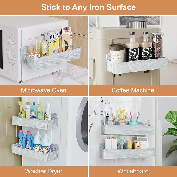Mystozer Magnetic Spice Rack for Refrigerator, Kitchen Organizer and Storage Shelf, Wood White(4 Pack)