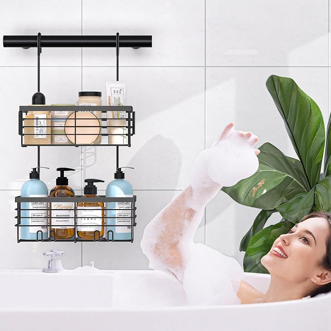 YUOROS 2 Tier Hanging Shower Caddy (Black) | Over the Door Shower Organizer Rack Organizer Stainless Steel Rustproof