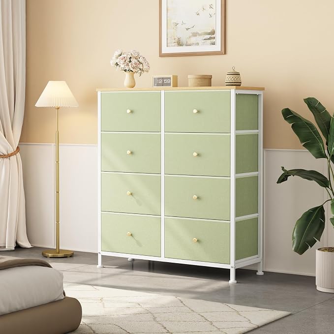 OLIXIS 8 Drawer Storage Dresser for Bedroom, Closet Organizers Units | Fabric Dresser with Wooden Top, Chest of Drawers Clothes Storage, Tower Cabinet, TV Stand Furniture, Light Green
