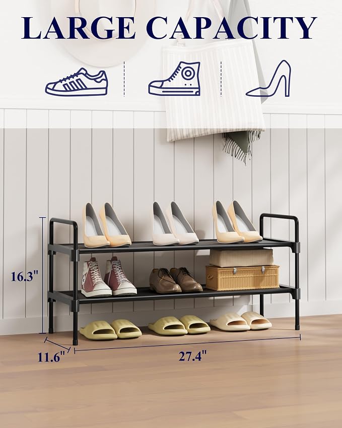 Kitsure Shoe Rack for Closet, 27.4" Wide - 2 Tiers, Black | Shoe Organizer for Front Door Entrance, Stackable Shoe Shelf, Closet Organizers and Storage