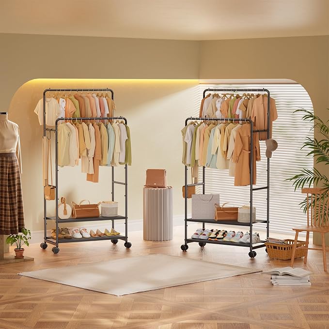 Simple Trending Clothes Rack, Double Rods Clothing Rack with Shelves, Black | Metal Garment Rack with 2-tier Fabric Shelves, 400 LBS Load, Anti-Slip Stoppers, 360° Lockable Wheels, Bedroom, Laundry Room