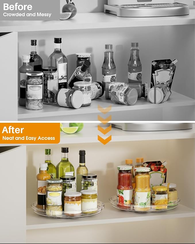 LAMU 2 Pack Lazy Susan Organizer 9 inch Lazy Susan Turntable for Cabinet, Rotating Spice Organization for Cabinet, Kitchen, Table Top, Countertop, Pantry Fridge Organizers and Storage, Clear