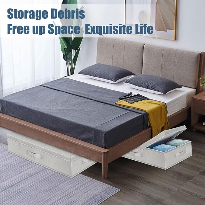 Supowin 2Pack Large Underbed Storage Containers Bin with Lids, Light Gray | 6 Inches Tall Under Bed Storage Organizer Box with Handles, Foldable Closet Organizer for Clothes, Blankets, Seasonal Items
