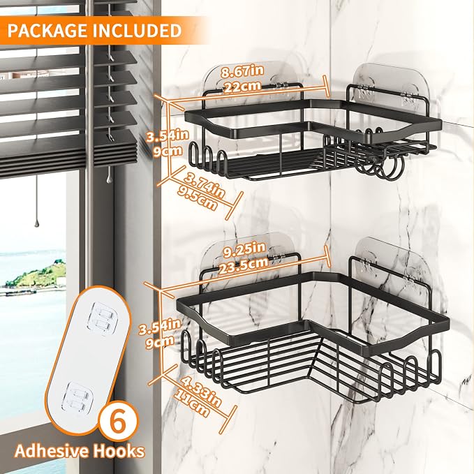 Corner Shower Caddy with Soap Holder, 2 Pack Stainless Steel Corner Shower Organizer with 11 Hooks, No Drilling & 6 Strong Adhesives Corner Shower Shelf Bathroom Organizer for Shower Room, Black