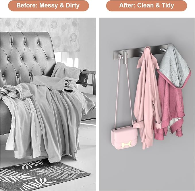 PMMASTO Stainless Steel Coat Rack Wall Mounted, Heavy Duty Metal Hook Rail for Hanging Coats Hats Towels Robes Bags, Modern Wall Hooks Organizer (Silver, 3 "T Hooks, 2 Pack)