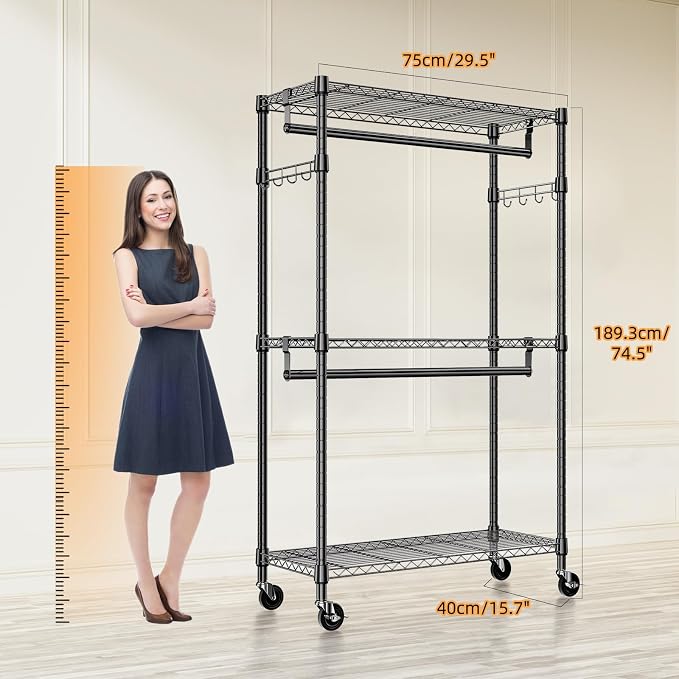 M MZG Heavy Duty Rolling Garment Rack 3 Tiers Adjustable Wire Shelving Clothes Rack with 2 Rods and Side Hooks,Storage Closet Clothing Rack with Wheels Black 15.7" D x 29.5" W x 74.5" H