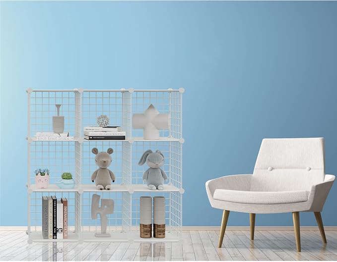 HUBSON Wire Cube Storage Organizer, Book/Toy/Craft/Potted Plants and petCloset Organizers and Storage Shelves, 9-Cube Freely Combinable Metal Grids Storage Shelf,White Plus Iron