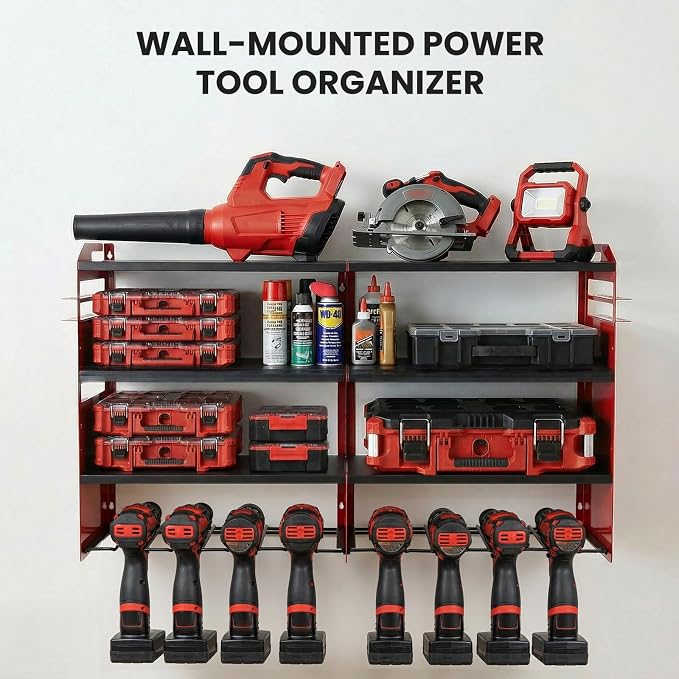 Power Tool Organizer Wall Mount, Standard Edition, RED | Heavy Duty 600 Lbs Metal Tool Storage Rack, 4-Tier Garage Drill Holder & Workshop Battery Management Station