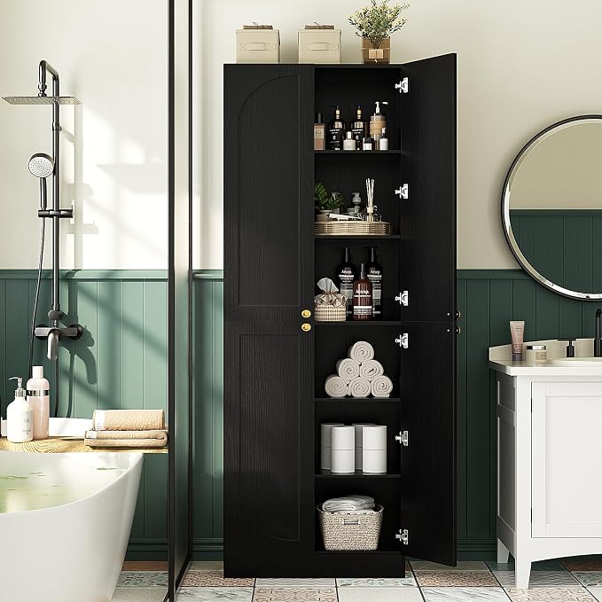 Cyclysio 80" Kitchen Pantry, Extra Tall Arch Storage Cabinet with 8 Soft Close Doors and Adjustable Shelves, Freestanding Wood Cupboard with Seamless Fit Wall for Dining Living Room Bathroom Furniture