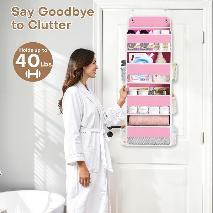 Over the Door Organizer, 4 Large Pocket Hanging Storage with 40lb Capacity | Space Saving Door Storage for Nursery, Bathroom, Bedroom and Closet, Baby Essentials and Toiletry Organizer, Pink