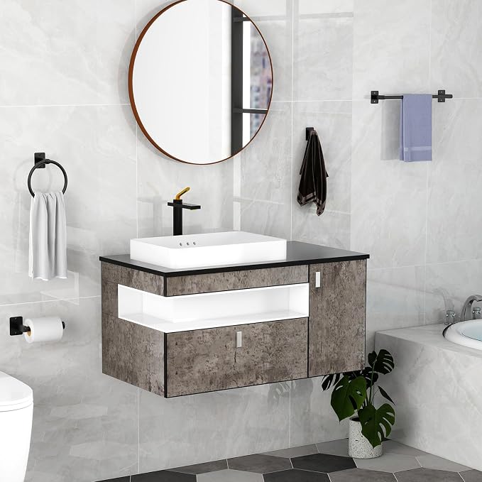 KLJKPA Black Bathroom Accessories Set, 4-Piece Bathroom Hardware Set | 16 inch Towel Bar, Towel Racks for Bathroom, Robe Towel Hooks, Toilet Paper Holder Wall Mounted