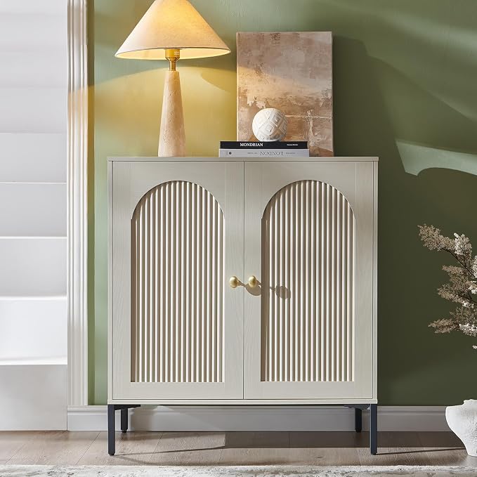 IFGET 34" Tall Modern Arched Sideboard Buffet Cabinet with Storage, Cream | Fluted Arch Sideboard Cabinet w/Adjustable Shelves, Wooden Modular Kitchen Cabinet for Dining& Living Room, Kitchen, Entryway