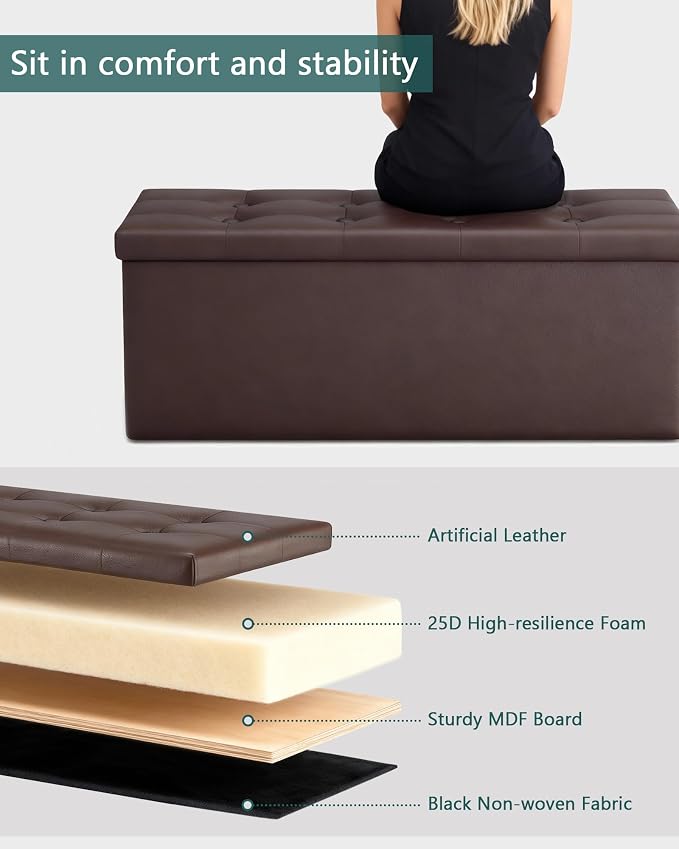 LITZFUR 43" Storage Ottoman Bench, Folding Faux Leather Chest, Brown | Stroage Box with 2 Dividers, Foot Rest Stool, Padded Seat for Bedroom, Entryway, Living Room