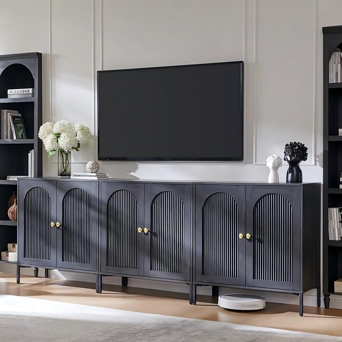 IFGET 92.63" W Modern Arch Sideboard Buffet Cabinet with Storage, Dark Grey | Fluted Arched Sideboard Cabinet w/Adjustable Shelves, Wood Modular Kitchen Cabinet for Dining& Living Room, Entryway