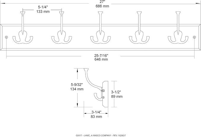 Liberty Hardware 129848 Wall Mounted Coat Rack with 5 Decorative Hooks, 27-Inch, Satin Nickel and White