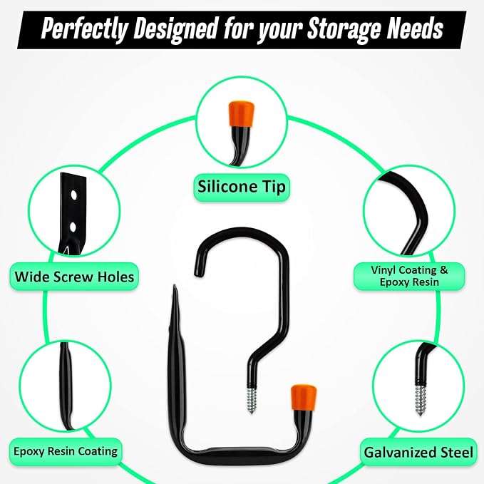 12 Pcs Heavy Duty Garage Bike Storage and Utility Hooks-5.7" & 4.5" | Vinyl coated, Anti slip, Stainless steel, Anti rust, Garage Wall, Ceiling Hooks for Hanging Bicycle, Hose, Cord, Garden Tools