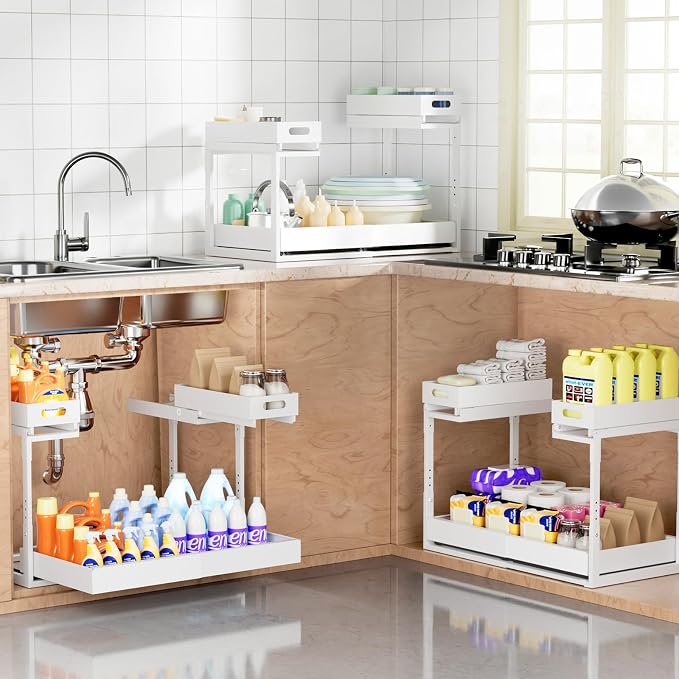 Upgrade 1 Pack Expandable Under Sink Organizer: 2-Tier Pull Out Cabinet with 3 Heavy-Duty Ball-Bearing Slide Rails, Tool-Free Height Adjustable, Slide-Out Drawers for Kitchen, Bathroom, Laundry