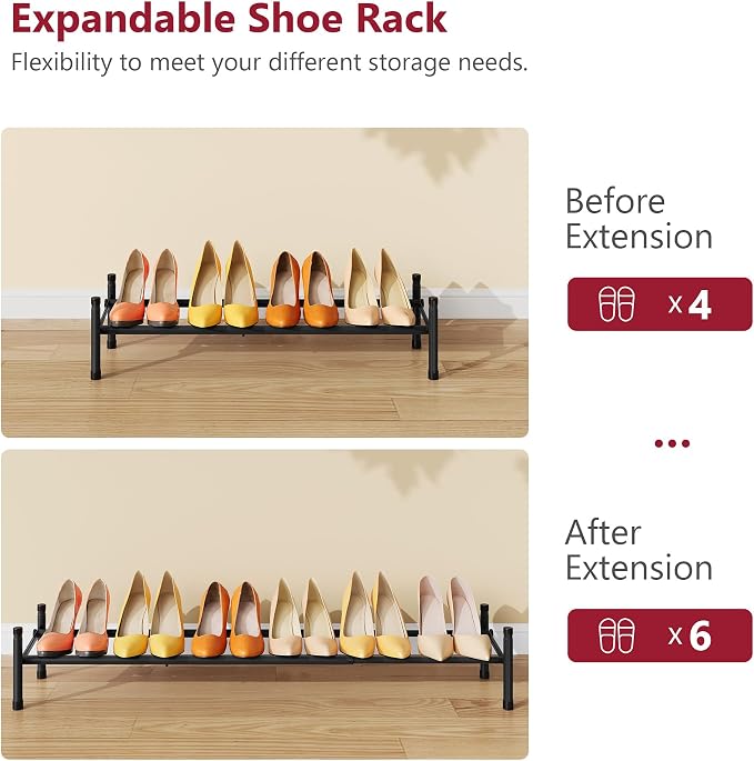 Expandable Shoe Rack for Closet 1 Tier, 28“-41“Stackable, Black | Adjustable Shoe Organizer Closet Shoe Rack Floor, Metal Shoe Shelf Storage for Entryway, Front Door Entrance, Closet, Garage