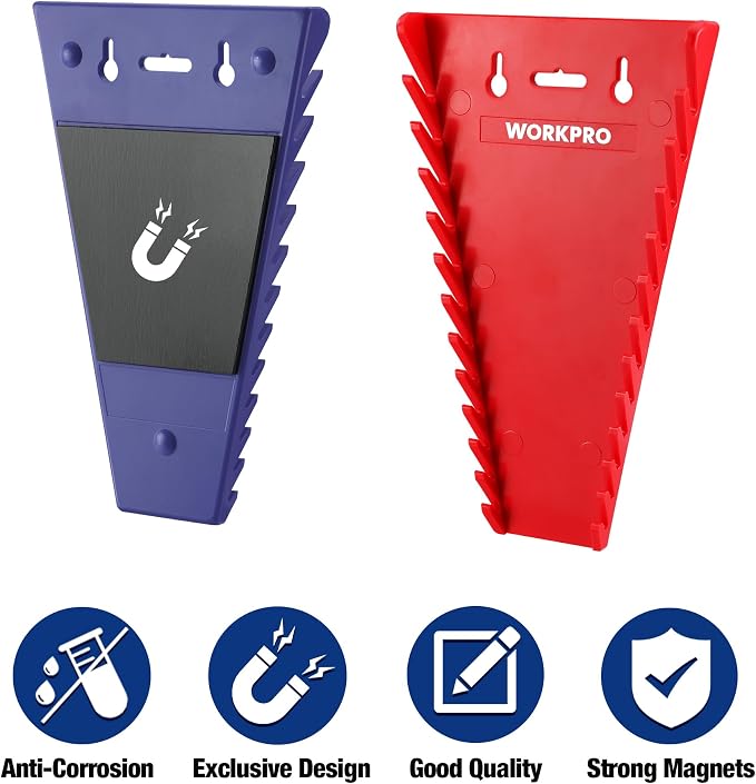 WORKPRO 4-Pack Magnetic Wrench Organizer, Holds 12 Wrenches Each | for Tool Box Drawer Chest, SAE (1/4" - 15/16") and Metric (6 mm - 24 mm)