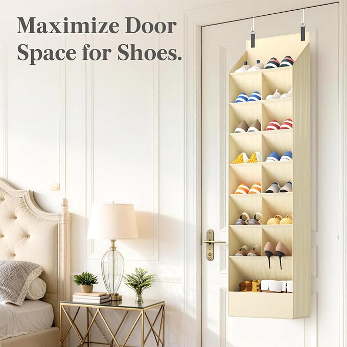 Lifewit 8 Tier Over the Door Shoe Organizer with 15 Large Deep Pockets, Fabric Hanging Shoes Shelf for Closet, Dorm Storage, Fit Up to 16 Pair Shoe Rack Holder for Sneakers, Boots, Beige