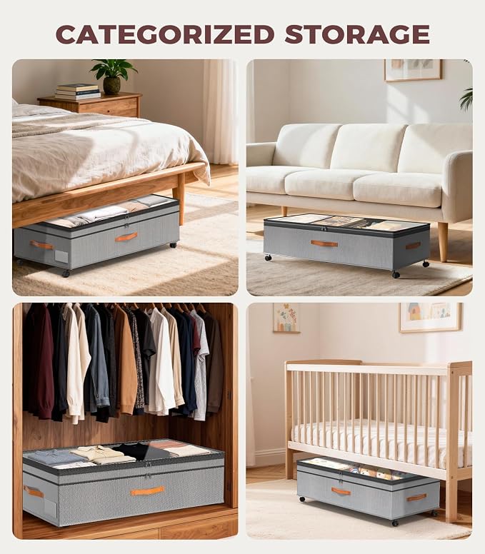 Under Bed Storage with Wheels, 35.5 inches Underbed Storage Large Capacity Under Bed Rolling Containers, 2 Pack Under the Bed Storage for Clothes, Shoes, Blankets (Deep Gray)
